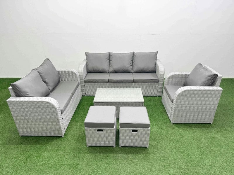 Fimous 8 Seater Rattan Outdoor Sofa Set - Light Grey PE Wicker with Rectangular Coffee Table, Reclining Chair, Loveseat & 3-Seater Sofa