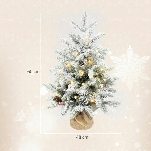 HOMCOM 60 cm Prelit Tabletop Mini Christmas Tree, Flocked Snow Xmas Tree