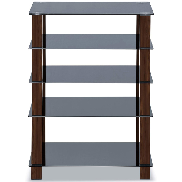 Centurion Supports TRINITY Gloss Black 5 Shelf with Walnut Legs Flat Screen TV Rack Glass Stand