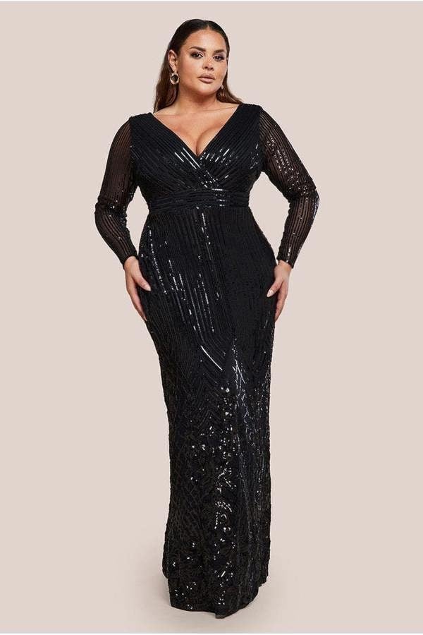 Long Sleeve Sequin V Wrap Maxi Dress - Black DR3485PLUS