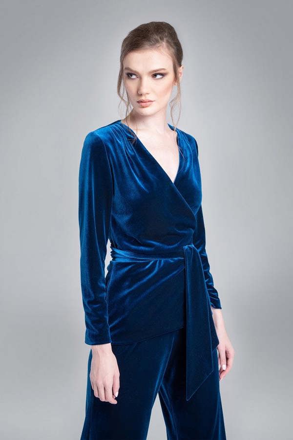 Rumour London Evelyn velvet wrap jacket with a self-tie sash in royal blue