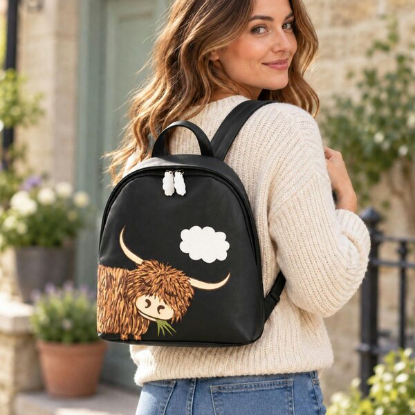 Mala Leather Highland Cow Genuine Leather Ladies Rucksack Backpack - Black