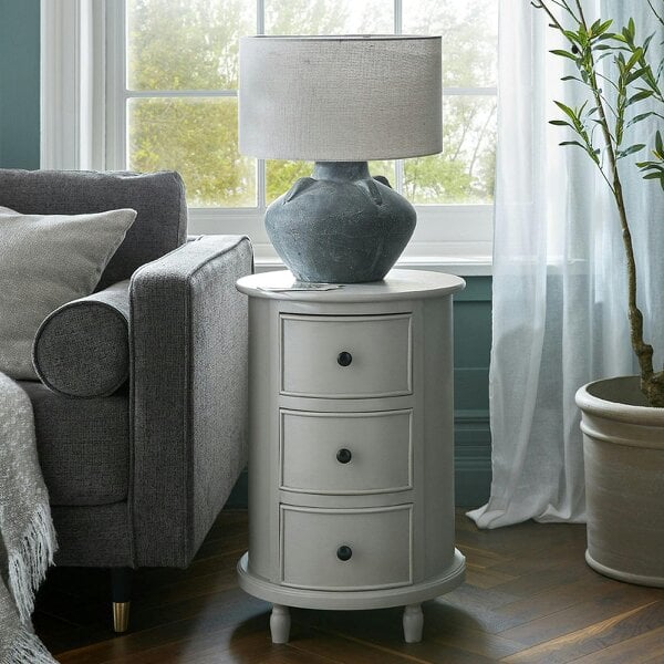Wyld Haus Thuy Grey Wood Round 3 Drawer Console Table