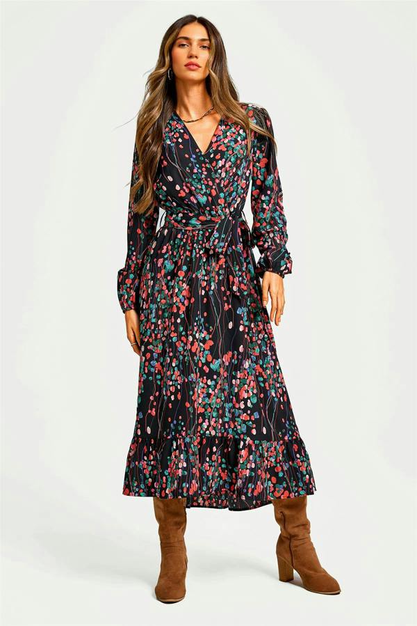 FS Collection Abstract Floral Print Long Sleeve V Neck Wrap Top Midi Dress In Black