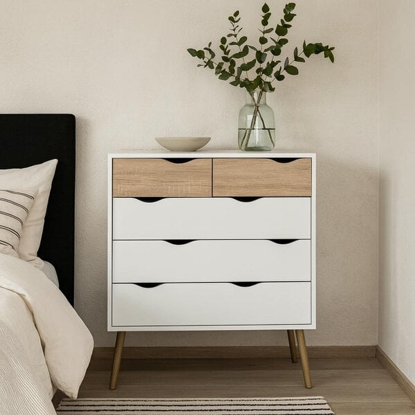 Wyld Haus Sapporo White and Natural Oak Effect Chest 5 Drawers