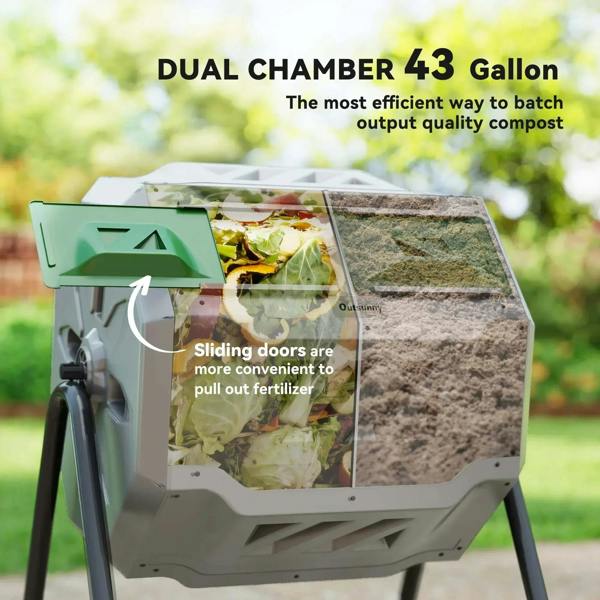 Grey dual-chamber composter with green sliding doors and dual compartment window