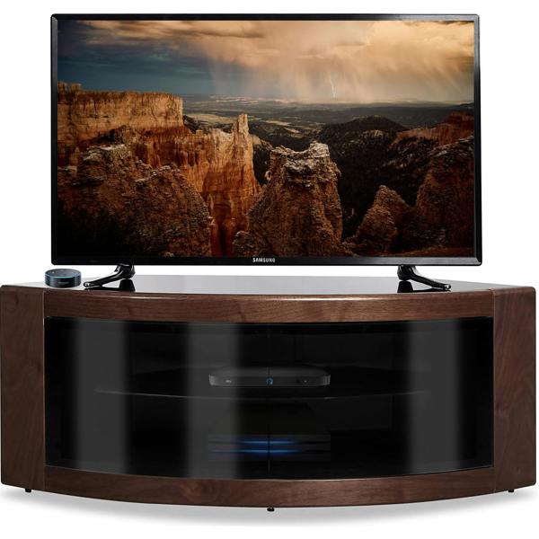 Homeology PANGEA Black with Walnut Veneer Beam-Thru Glass Door Curved Unit Tru-Corner 32"-50" TV Cabinet