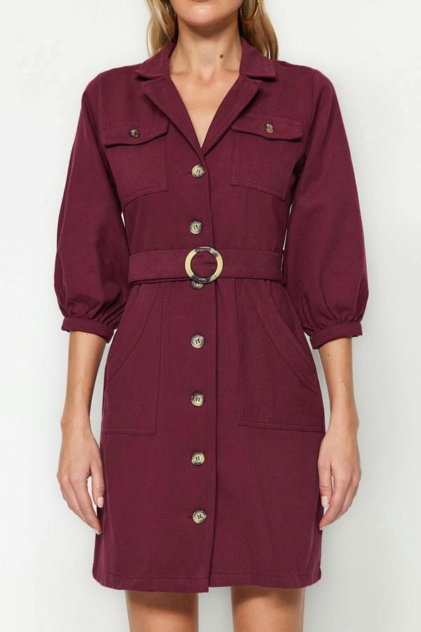 Belted Button Detail Long Sleeve Mini Shirt Dress