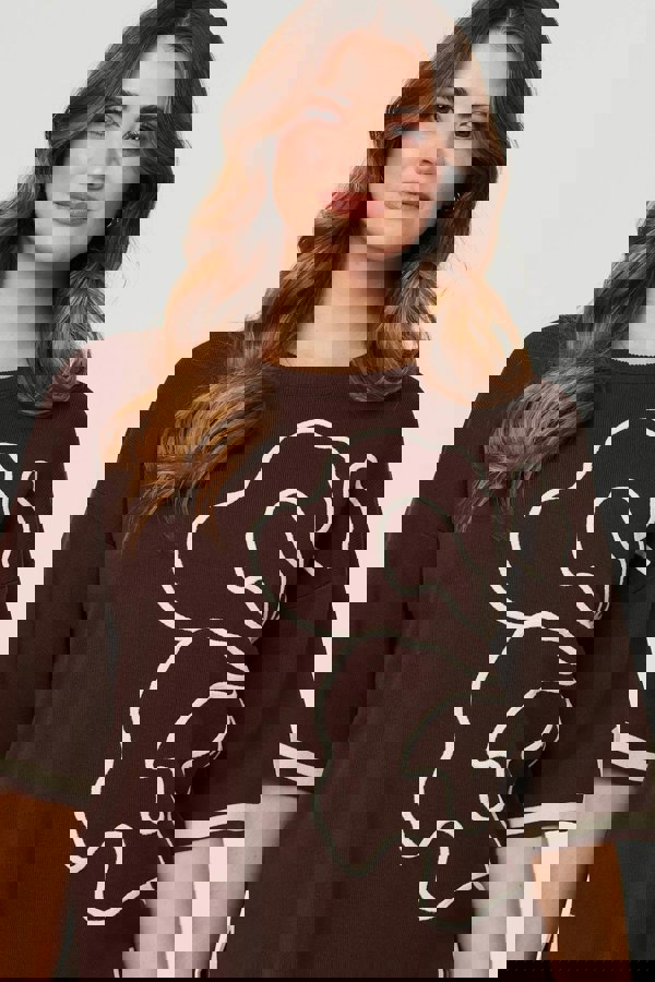 Brown | Floral Trim Top & Trousers Co-Ord Set
