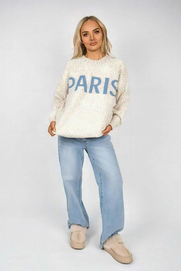 Jalina Long Sleeve Oversized Knitted Jumper With Paris Slogan - Stone