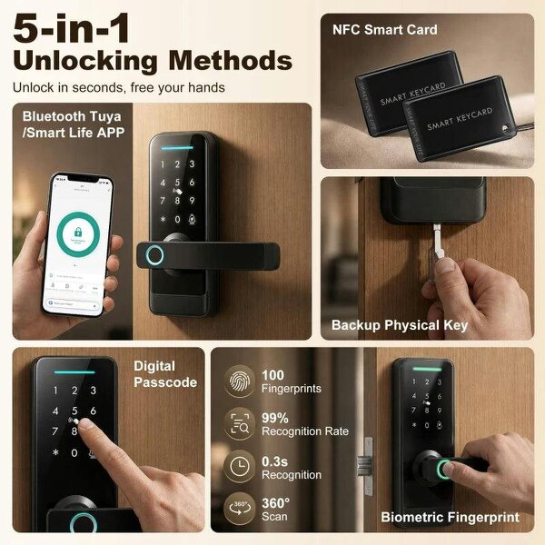 Smart Door Lock, 5-in-1 (Fingerprint/Passcode/Bluetooth APP/NFC Card/Key), Built-in Doorbell, Keyless Electronic Lock