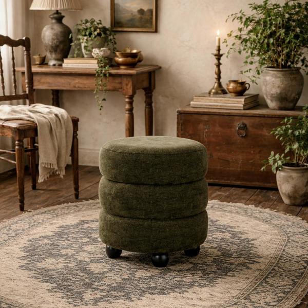Wyld Haus Antipodes Olive Chenille Round 3 Tier Pouffe