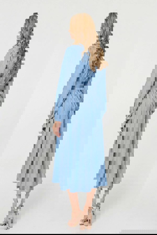 Blue | Long Sleeve Empire Tie Waist Midi Dress

