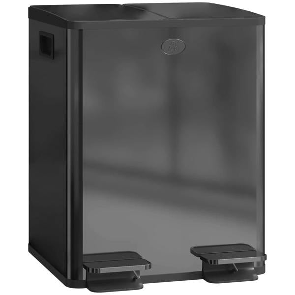 Black dual-compartment stainless steel bin with two front deodoriser holder lids