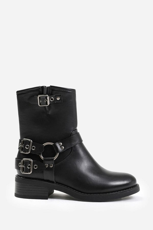 Where's That From Bode Wide Fit Ankle Boot With Buckle Detailing in Black Faux Leather