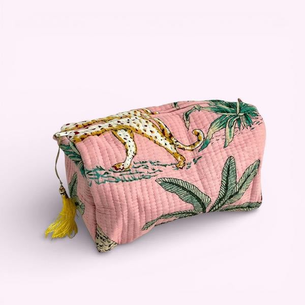 Hayley & Co Jungle Print Cotton Washbag, Make Up Bag, Pencil Case with Waterproof Lining - Jungle Animal Print in Pink