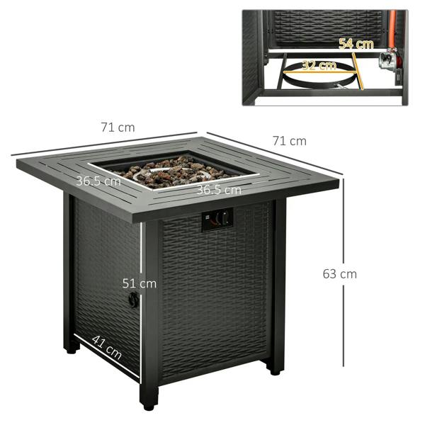 Square black propane fire pit table with open burner lid, showing dimensions