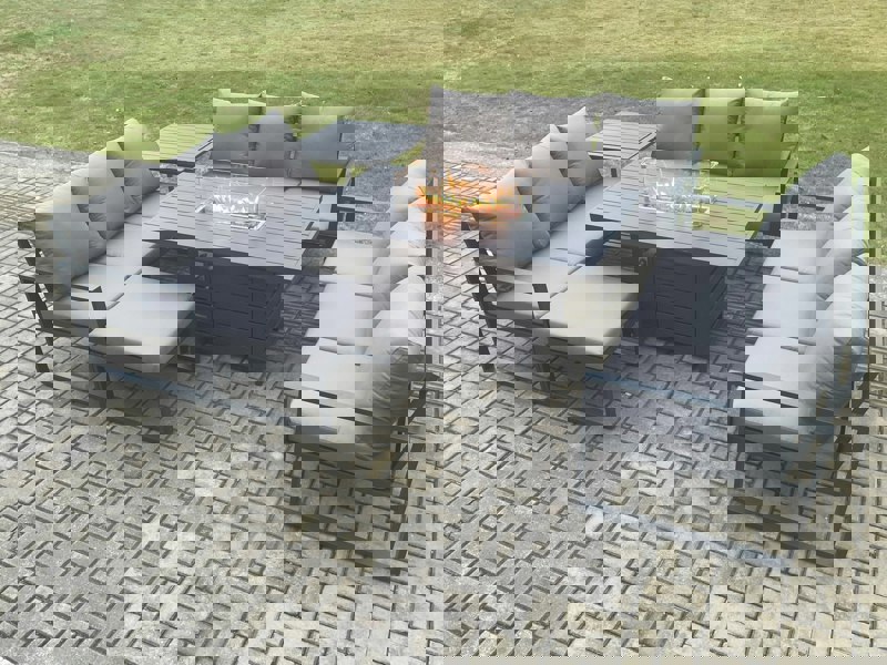 Fimous Aluminium 10 Seater Garden Furniture Outdoor Set Patio Lounge Sofa Gas Fire Pit Dining Table Set with Big Footstool Side Table Dark Grey