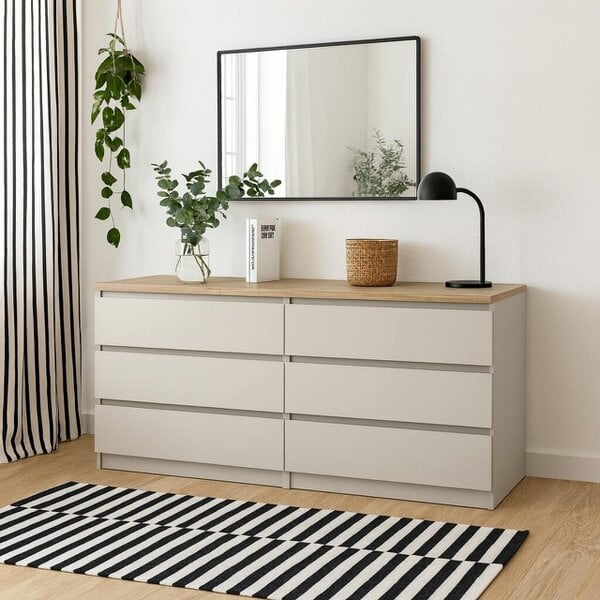 Wyld Haus Budapest Cream and Natural Oak Effect Wide Chest 6 Drawers