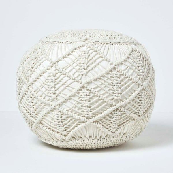 HOMESCAPES Macrame Knitted Pouffe Been Filled Crochet Round Footstool 100% Cotton Braided Design