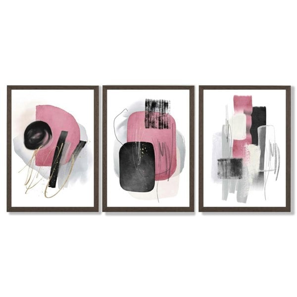 Set of 3 Abstract Black and Pink Watercolour Framed Art Prints with Dark Wood Frames