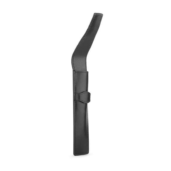 Open view of Black leather pen holder  on a white background