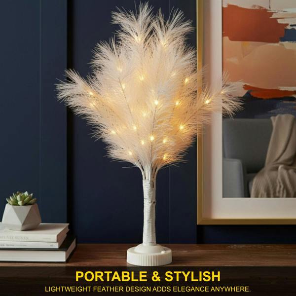 70cm White Feather Tree Table Lamp with Warm White LEDs, Battery Operated Decorative Light Set image 5
