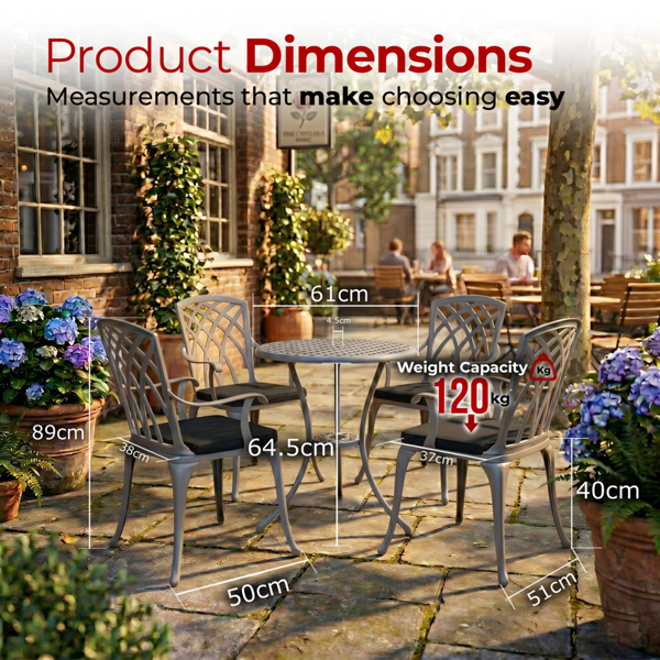 Centurion Supports OSHOWA Luxurious Garden and Patio Table and 4 Large Chairs with Armrests Cast Aluminium Bistro Set - Grey with Black Cushions