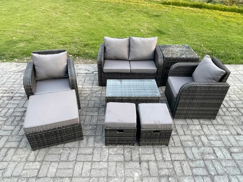 Fimous Wicker PE Rattan Outdoor Furniture Set Garden Love Sofa Coffee Table 2 Armchair 3 Footstools Side Table Dark Grey Mixed