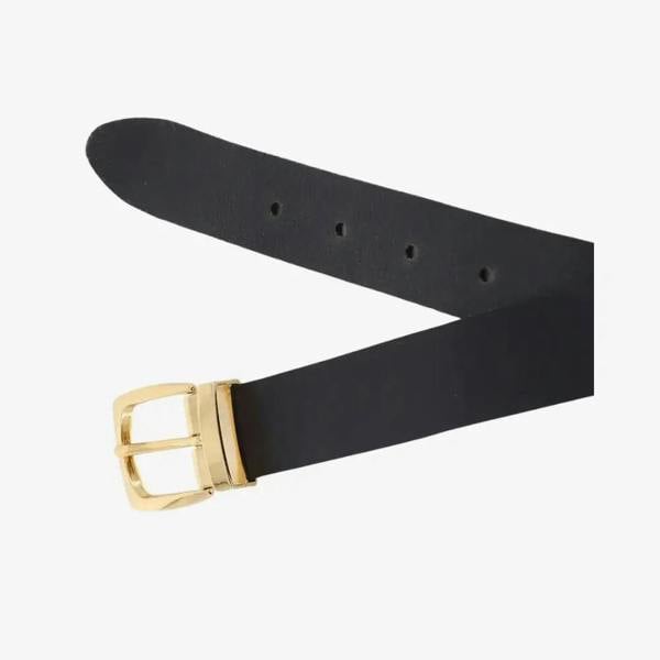 Top angle of Black belt with a gold buckle on a white background