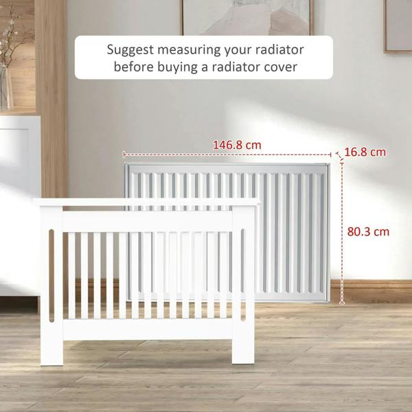 White radiator cover cabinet with open slatted grille and tall rectangular legs