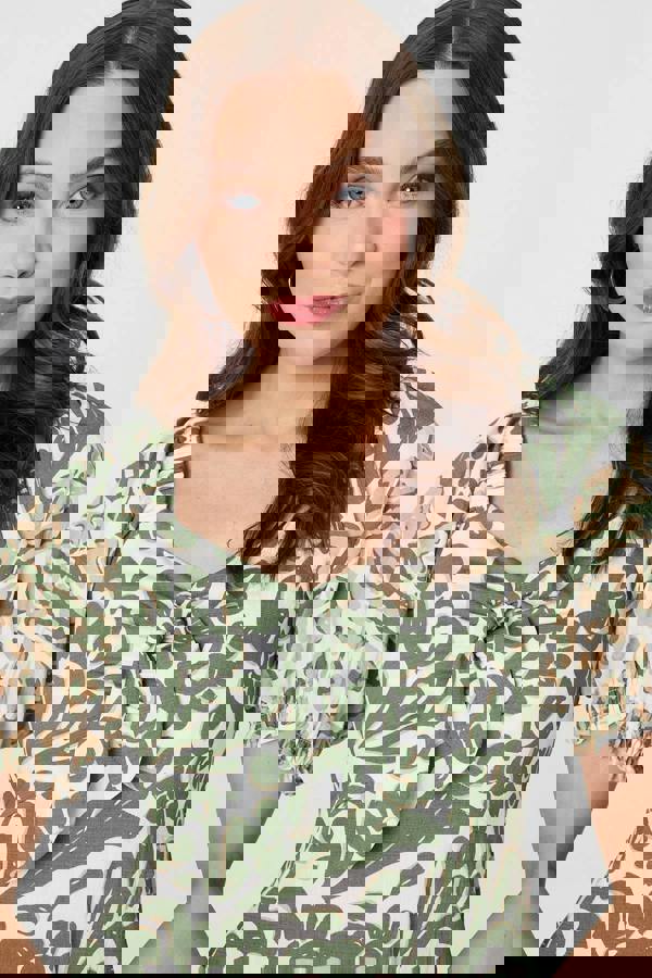 Khaki | Printed Tie Front Puff Sleeve Midi Dress