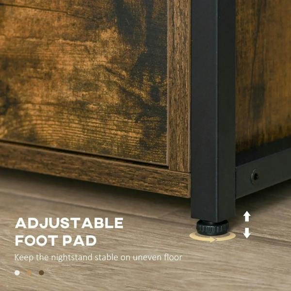 Rustic brown side table drawer with adjustable foot pad at base