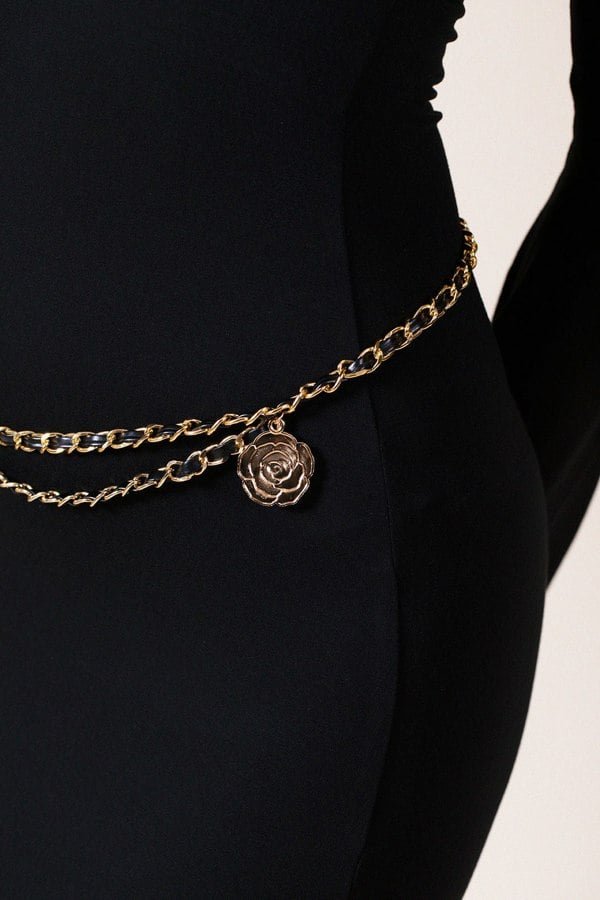 SVNX Rose Chain Faux Leather Belt In Black Gold