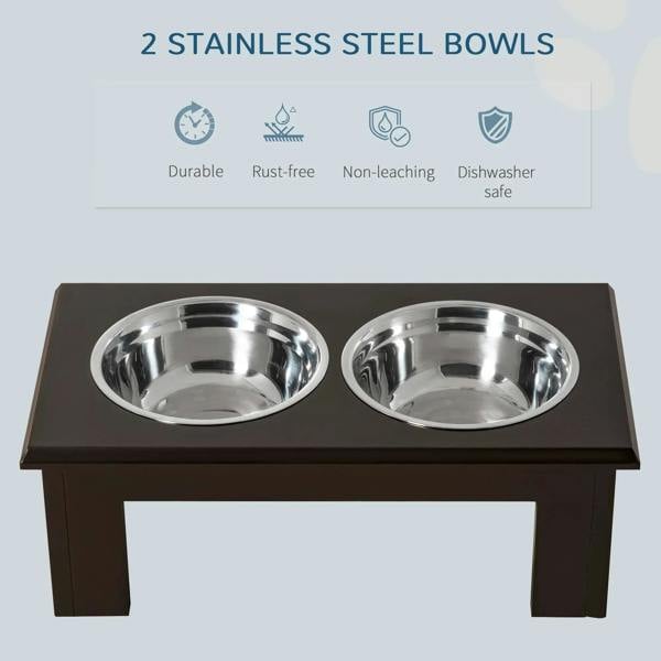 Brown raised dog feeder with two stainless steel bowls, durable and dishwasher-safe