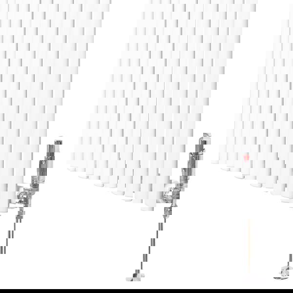 White oval single column radiator with sleek vertical bars and chrome valve, designed for efficient heating in compact spaces