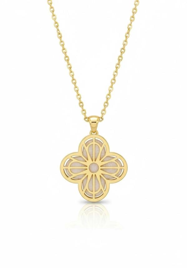 Gold necklace with a clover-shaped pendant on a white background