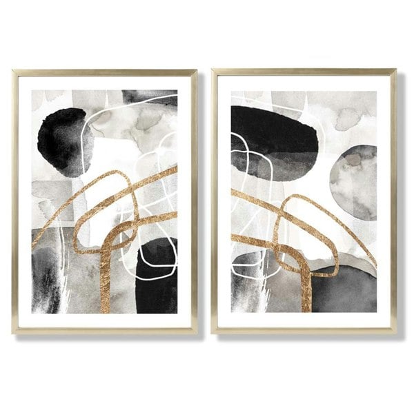 Sage Green Geometric Pineapple Fruit Set of 2 Art Prints with Gold Frame