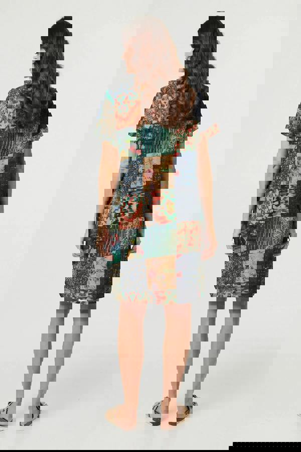 Green | Patchwork Print Short Sleeve Shift Dress