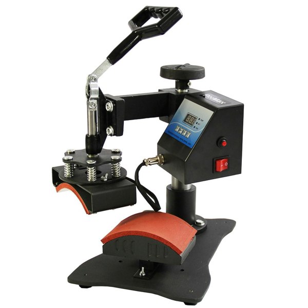 Cap press with adjustable handle, digital display, and sturdy base, designed for heat transfer printing on caps and hats