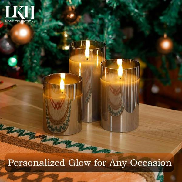 LKH HOME COLLECTION Flickering Glass LED Candles Pack of 3 - Warm White Light Battery Operated Candles with Remote Control