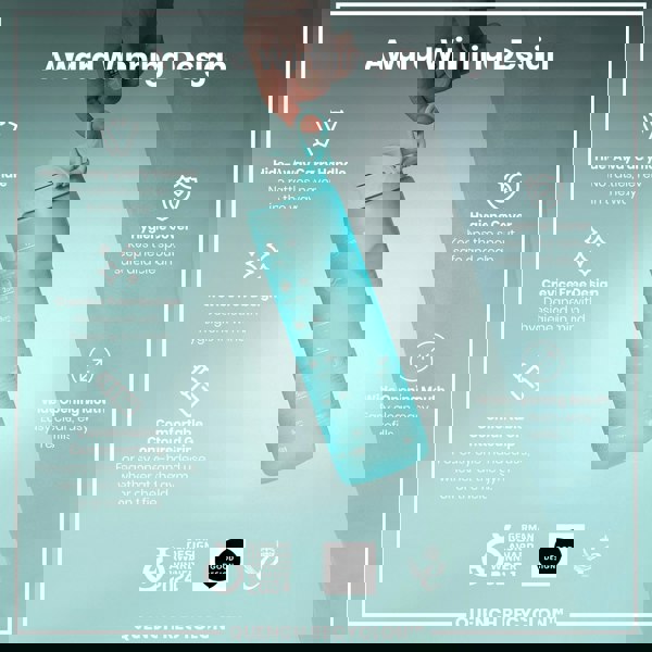 A light-blue water bottle is being held. Its features include a hide-away handle, a crevice-free design, and a wide mouth. The bottle is marketed as an award-winning design.