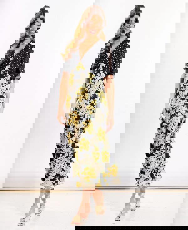 Yellow Floral Flutter Sleeve Midi Dress