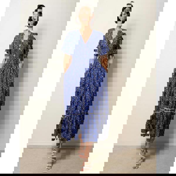 Blue Vanilla Ditsy Floral Button Front Raglan Trim Dress