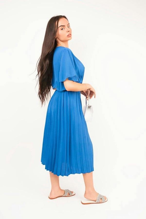 Elidi Short Sleeve Pleated Midi Dress With Waist Belt - Royal