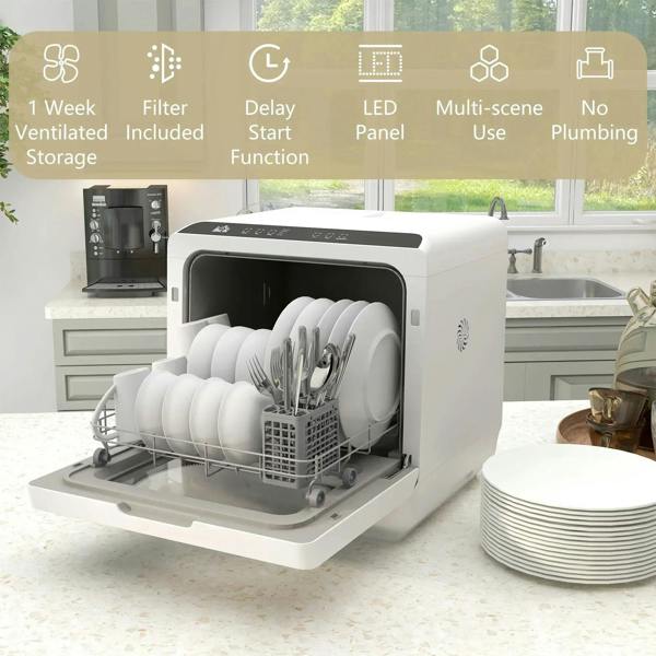 White countertop dishwasher open with loaded racks, plus clean plates nearby