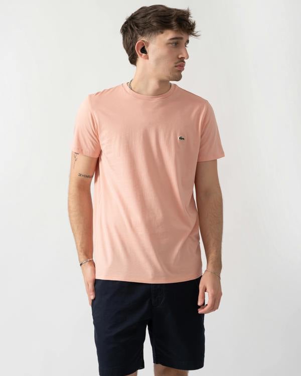 studio shot of model wearing a Lacoste Mens Crew Neck Pima Cotton Jersey T-Shirt in Miami UI2