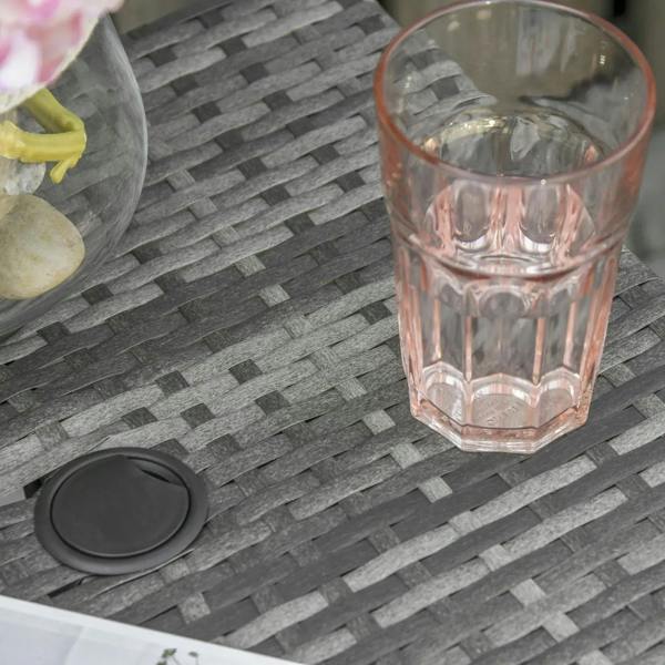 Grey wicker rattan tabletop with umbrella hole cover and woven pattern
