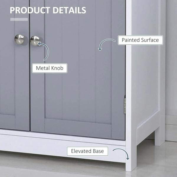 Grey cabinet doors with silver metal knobs, cabinet hinges and white side panel details