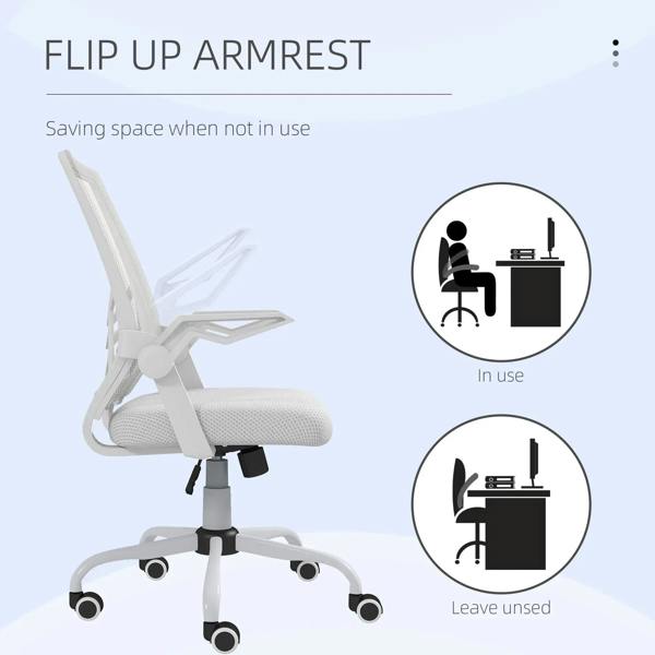 White office chair with flip-up armrests and rolling swivel casters, mesh back and seat